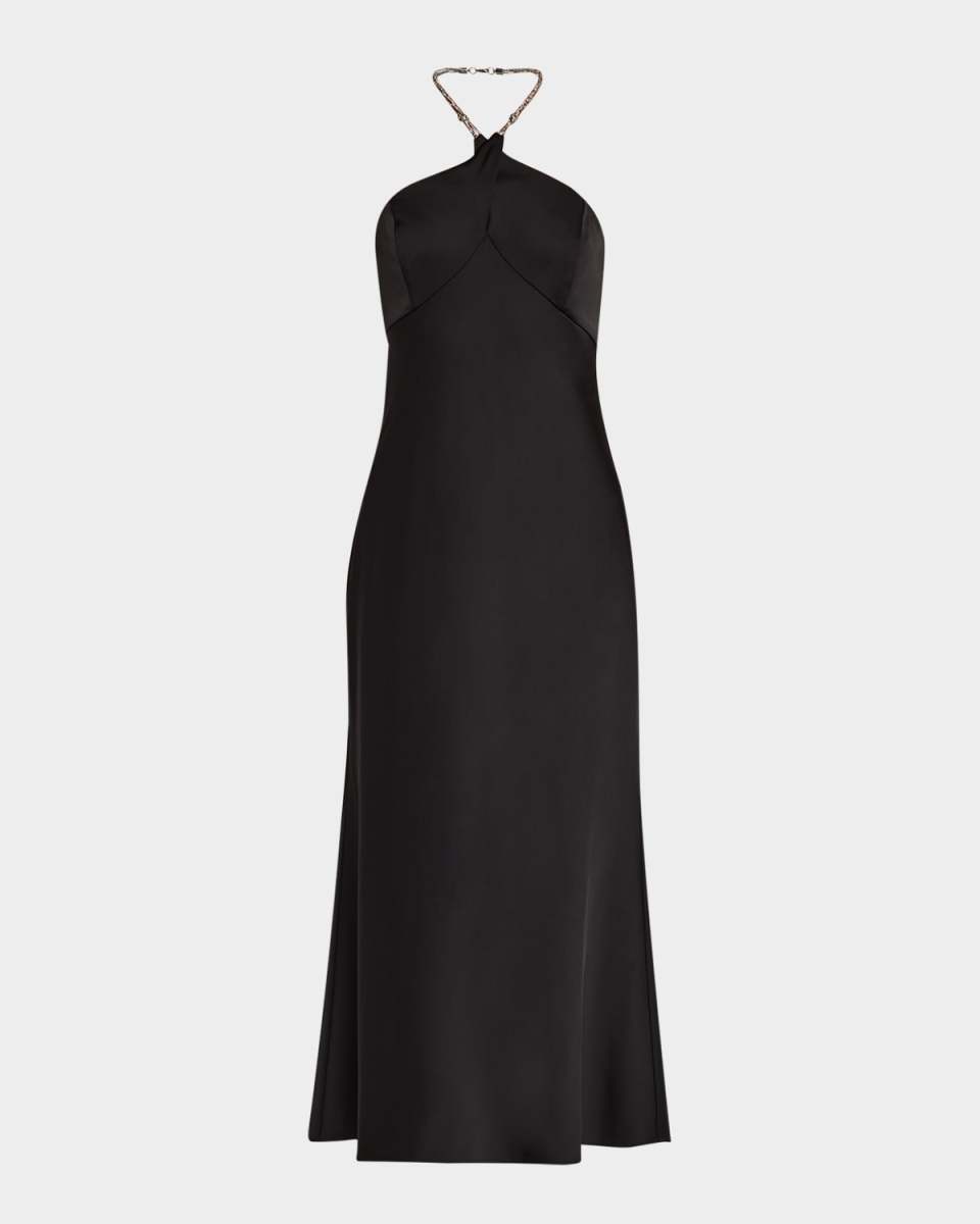 Quinn Rhinestone-Strap Satin Halter Midi Dress